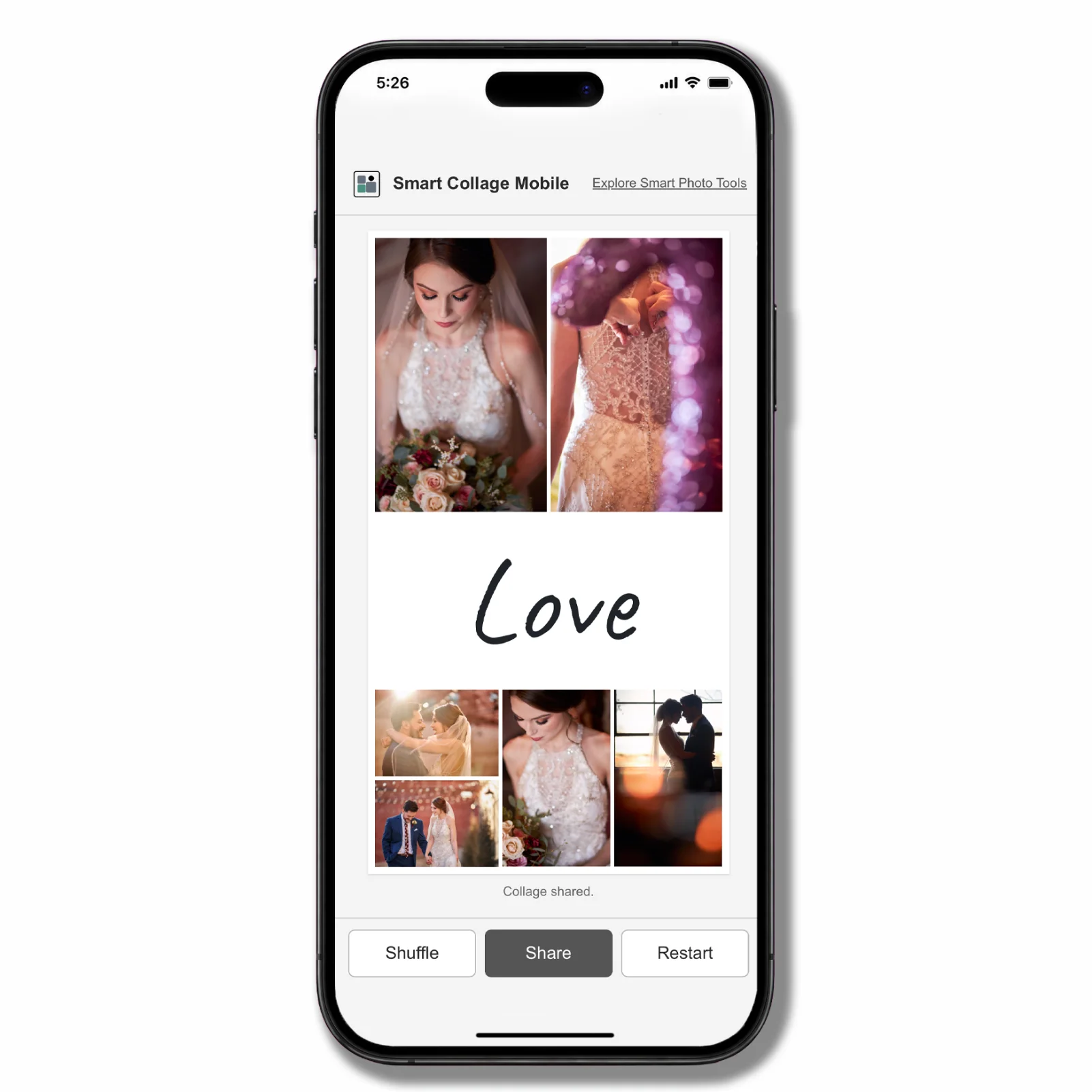 Smart Collage Mobile displayed on a phone with a finished wedding collage ready to share.