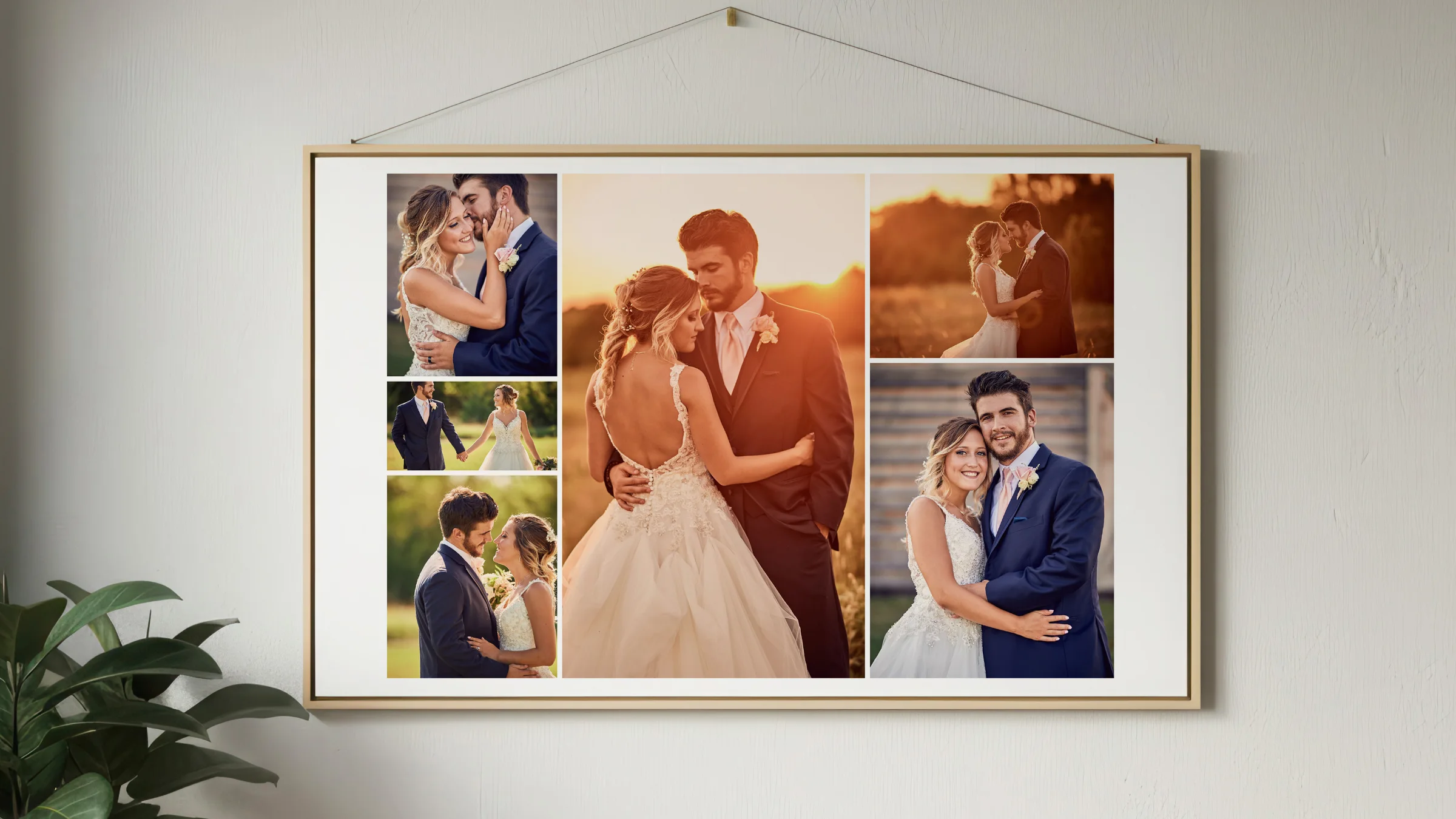 Large framed wedding photo collage hanging on a wall.
