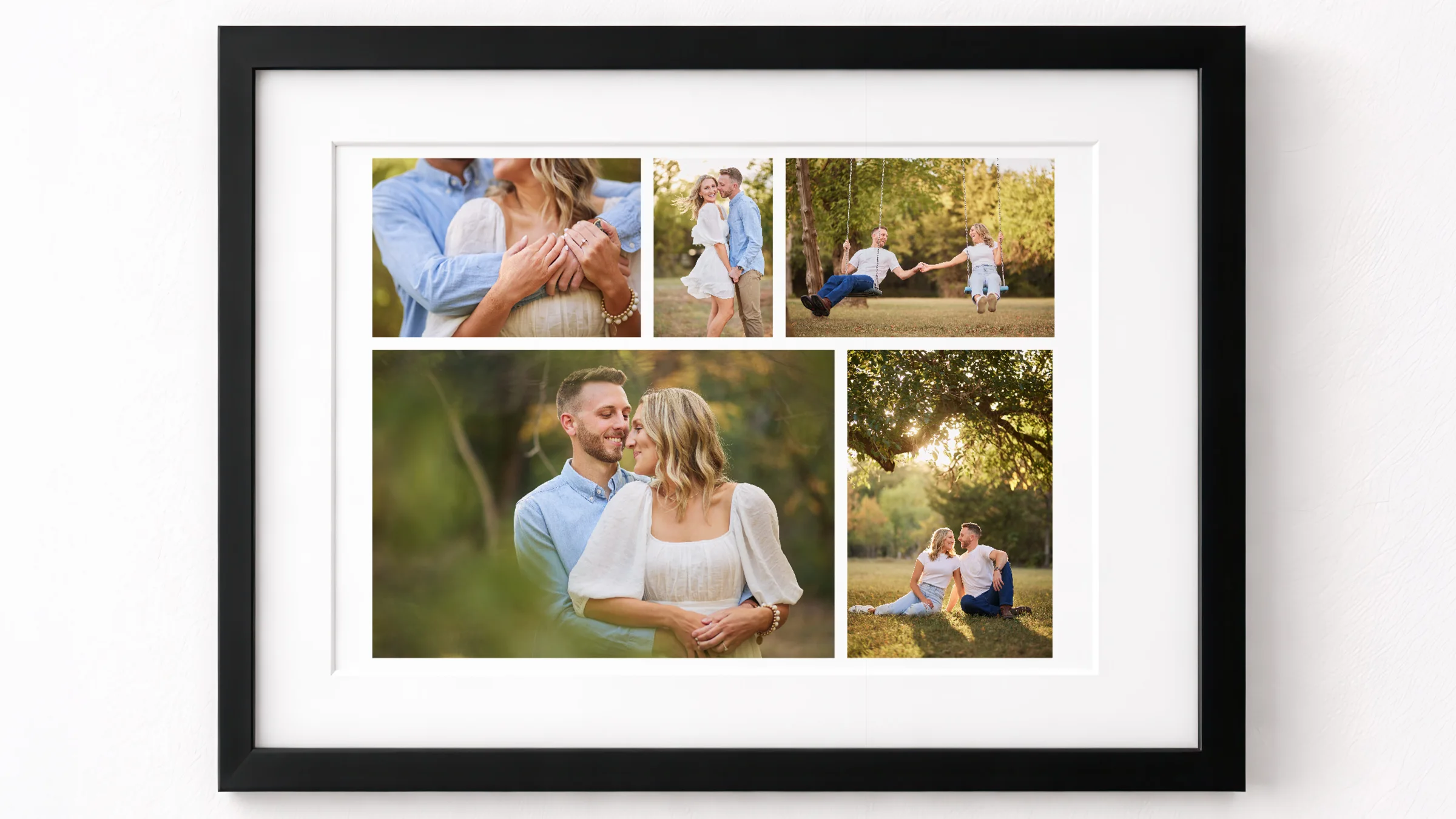 Large framed engagement photo collage displayed on a white wall.