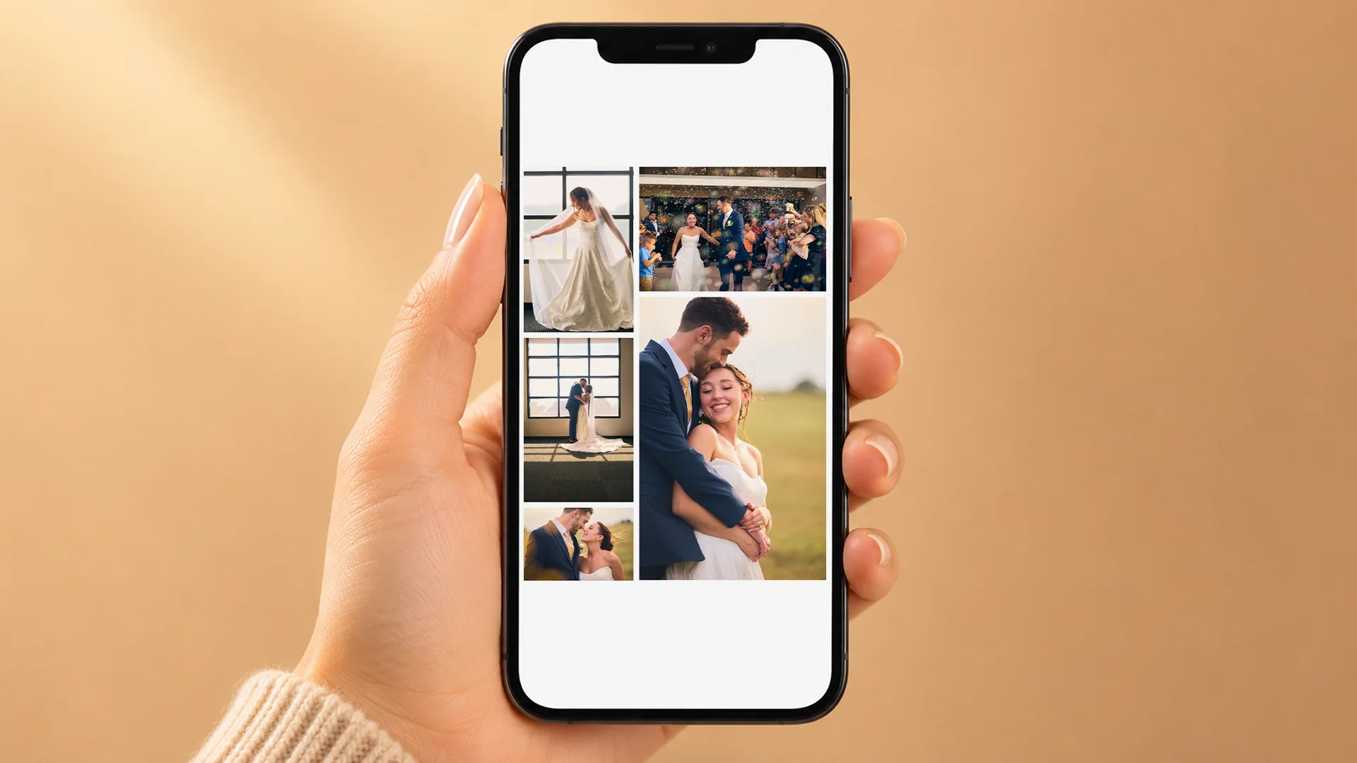 Hand holding a smartphone displaying a wedding photo collage.