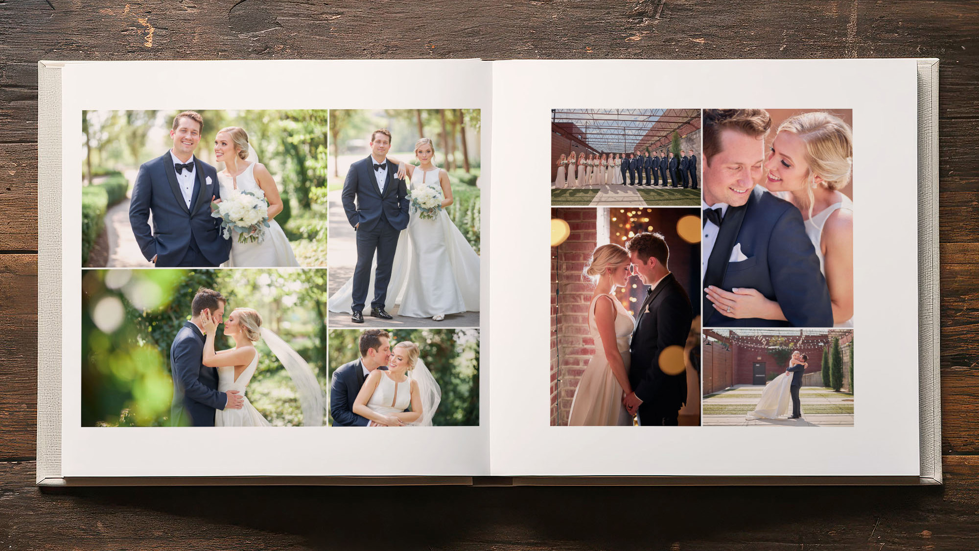 A wedding album that was made with Smart Album Builder. It is a photo album open on a table with photos of a couple on their wedding day.