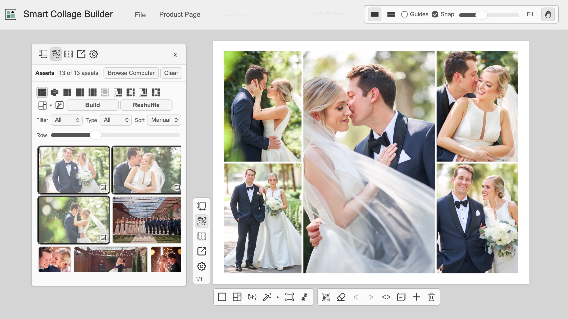Smart Collage Builder workspace with wedding photos, layout controls, and a completed multi-frame collage.