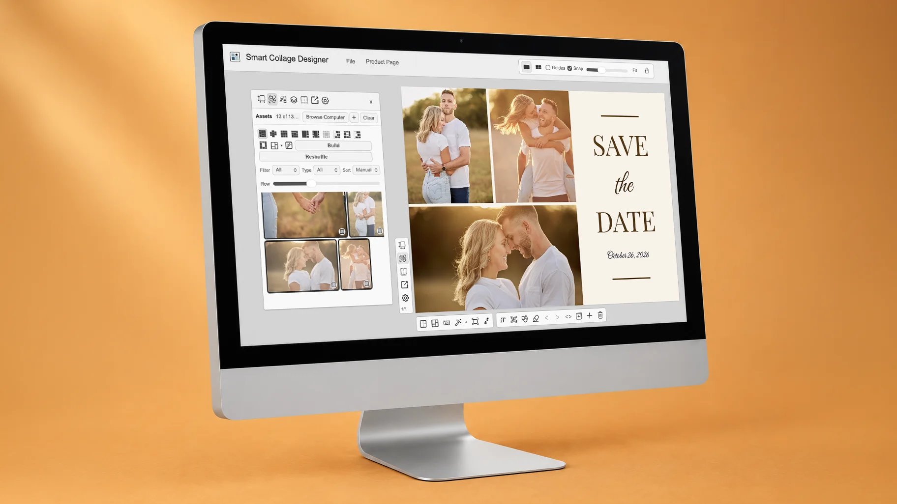 Desktop monitor displaying Smart Collage Designer with a finished Save the Date photo collage.