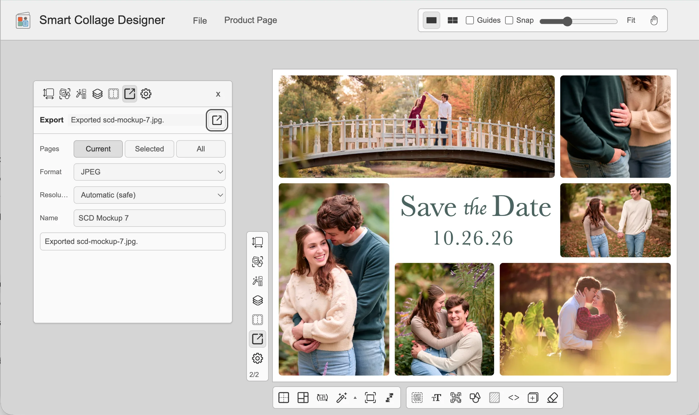 Smart Collage Designer workspace showing a finished Save the Date collage with image, text, layout, and export controls.