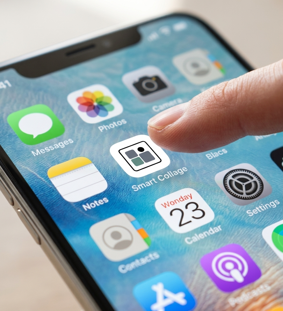 A homescreen of an iphone with someone getting ready to click on the Smart Collage App