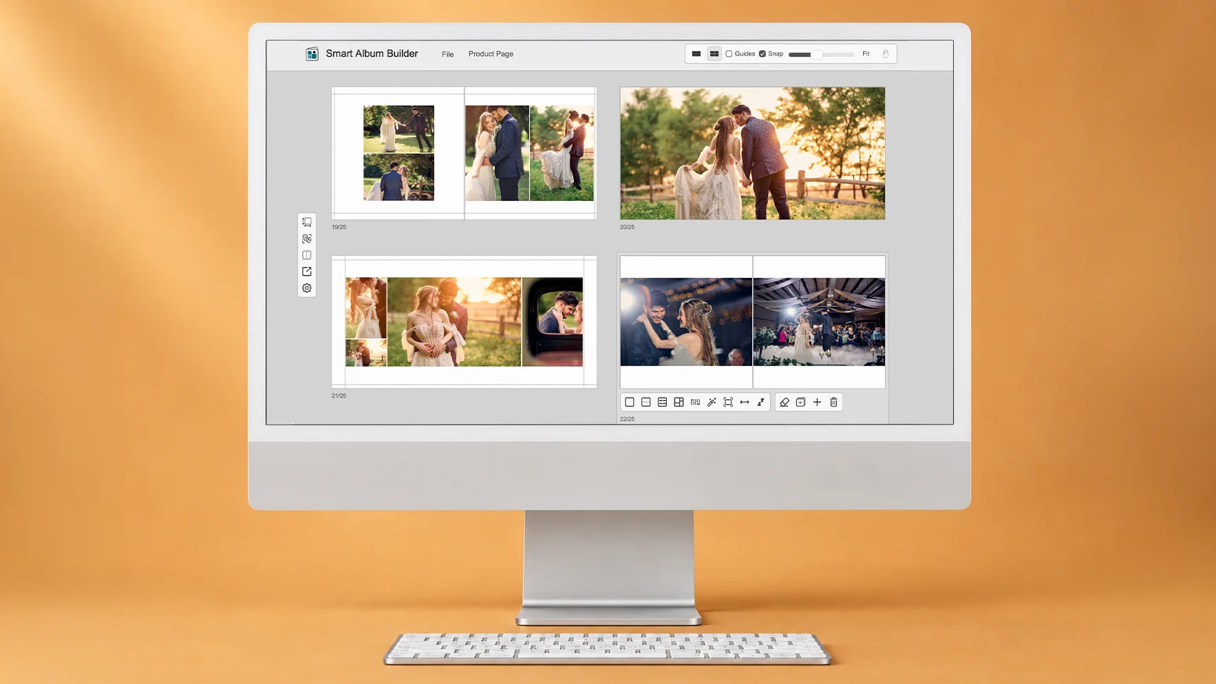 Desktop monitor displaying Smart Album Builder with multiple finished wedding album spreads.