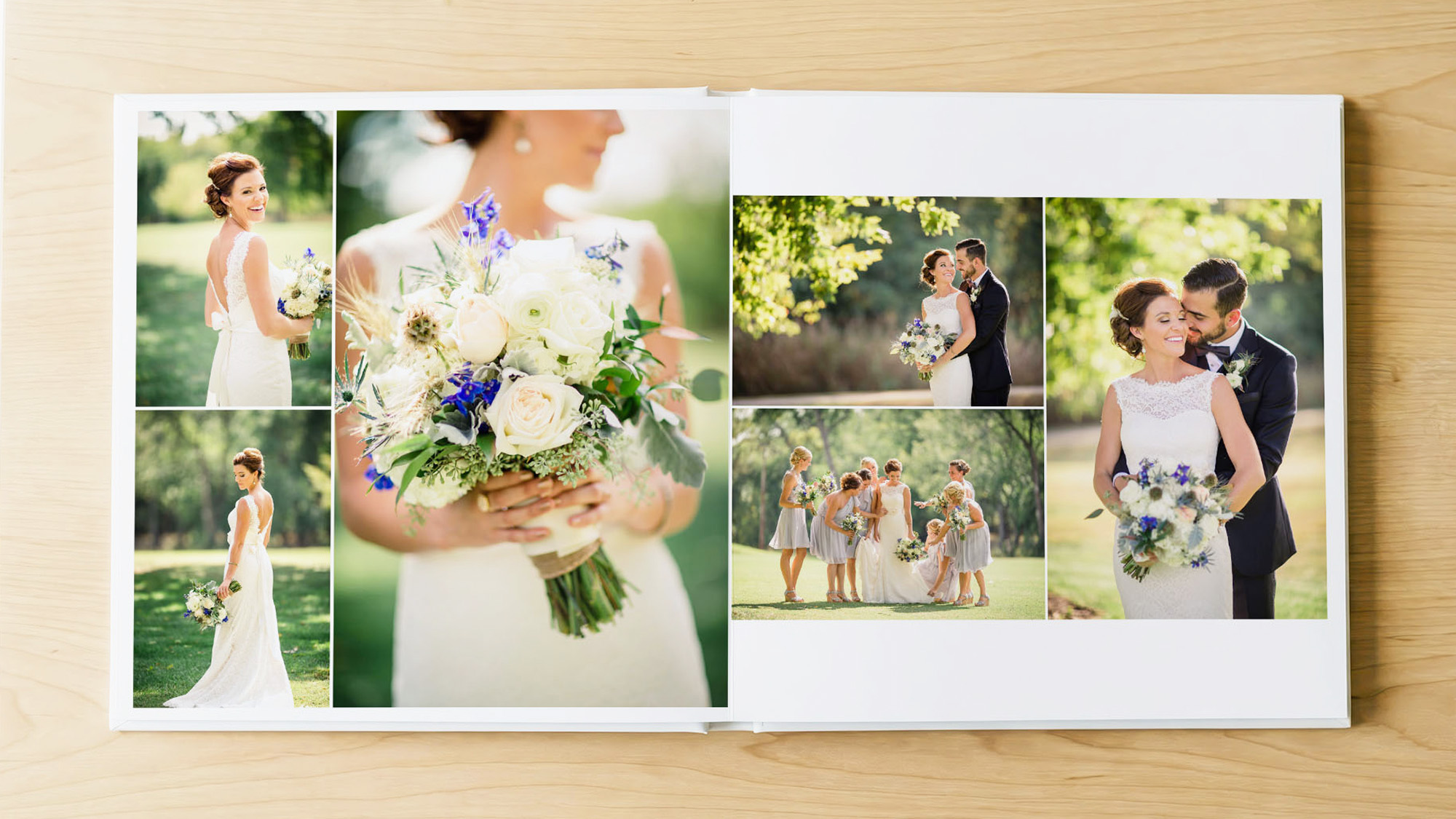 A beautiful album lying open on a coffee table. There is a spread of wedding photos in the album with a bride and groom and a bouquet of flowers. 