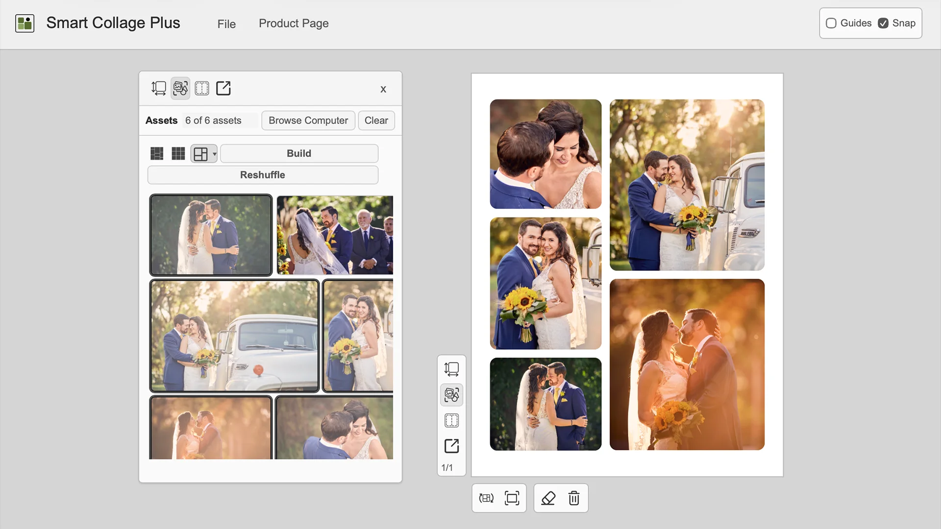 Smart Collage Plus workspace showing six wedding photos arranged in a rounded-frame collage.