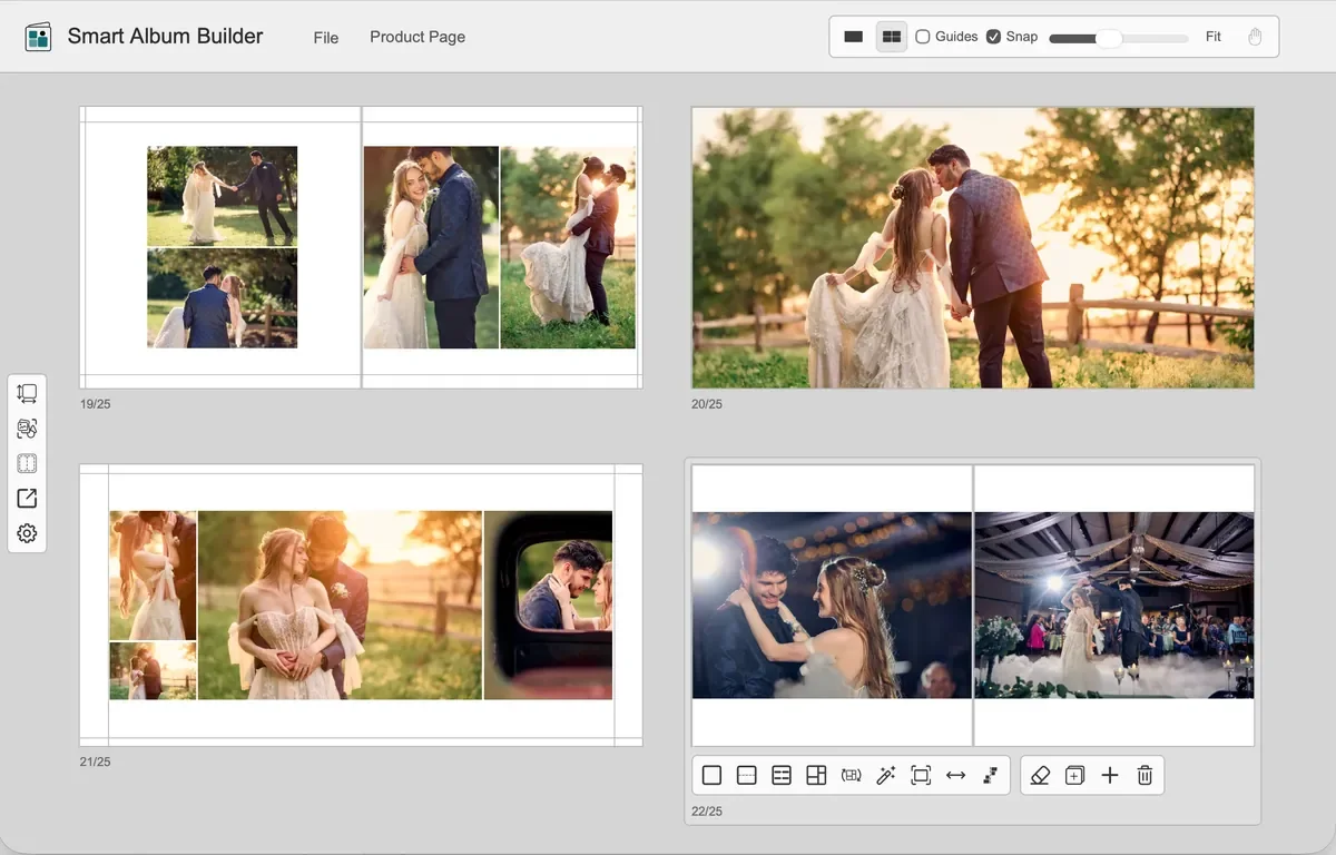 Smart Album Builder workspace showing four finished wedding album spreads side by side