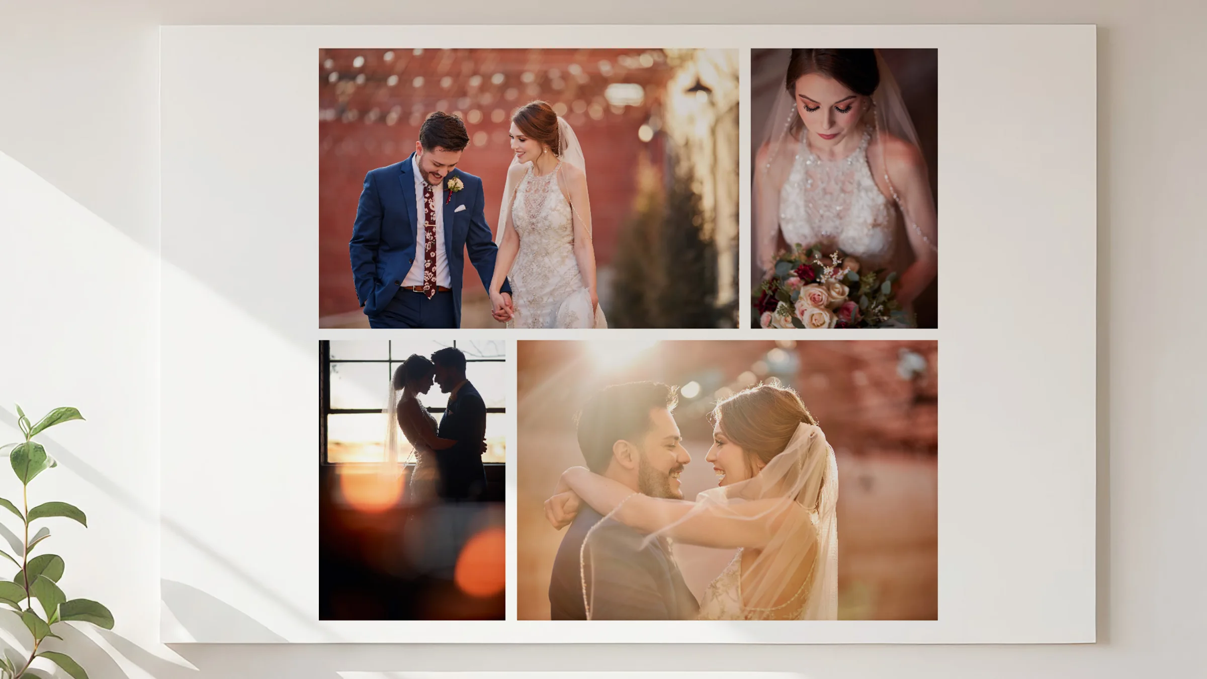 Large wedding photo collage displayed as wall art in a bright room.