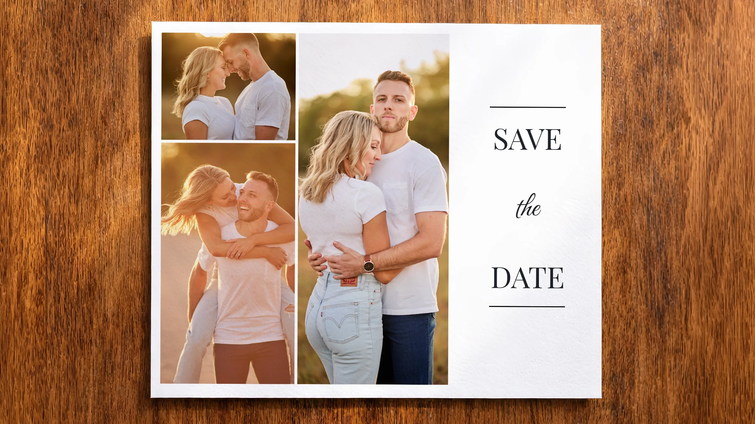 Printed Save the Date collage with three warm portraits arranged on a square card.