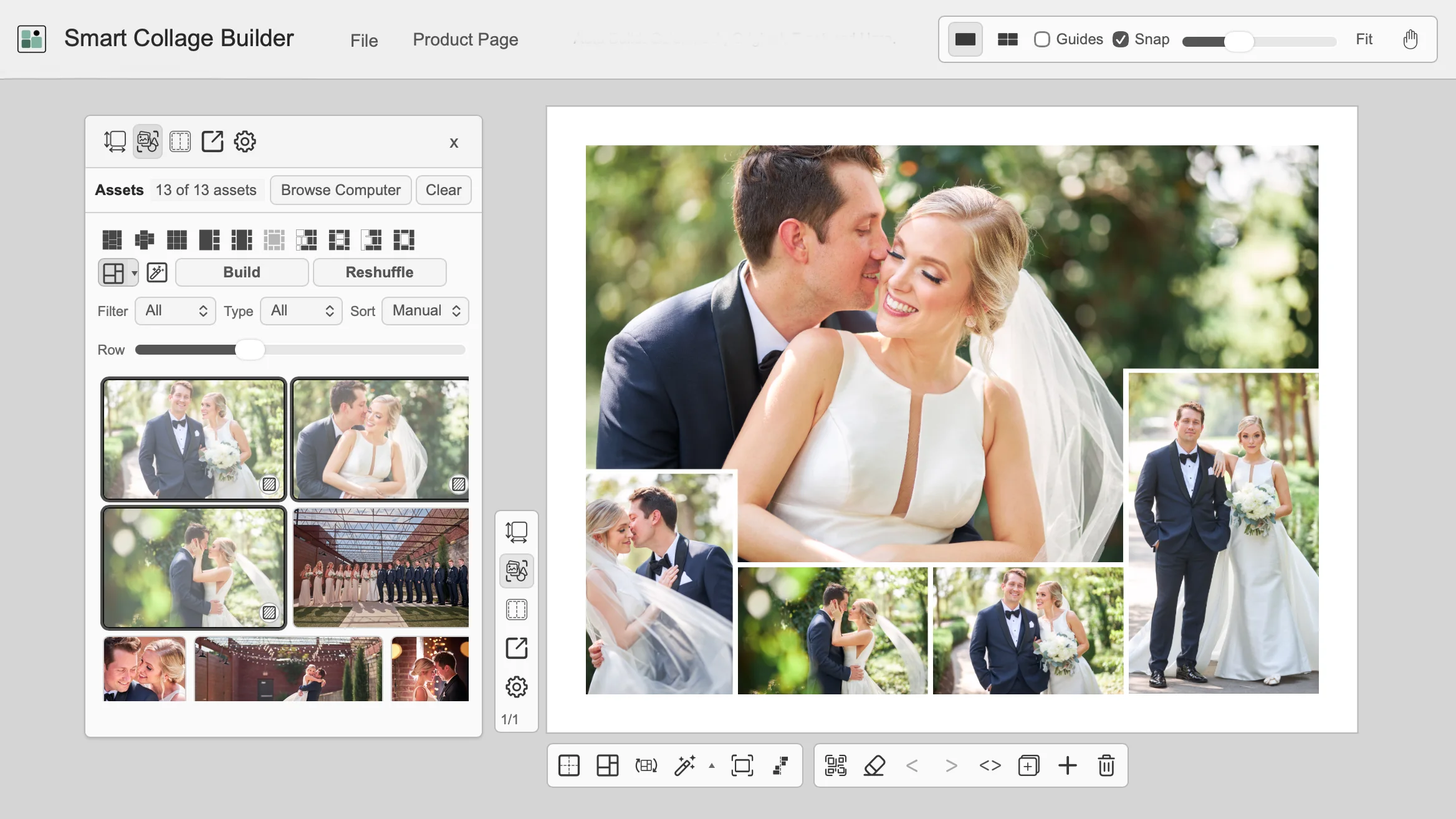 Smart Collage Builder workspace showing a completed wedding collage with assets, layout controls, and canvas tools.