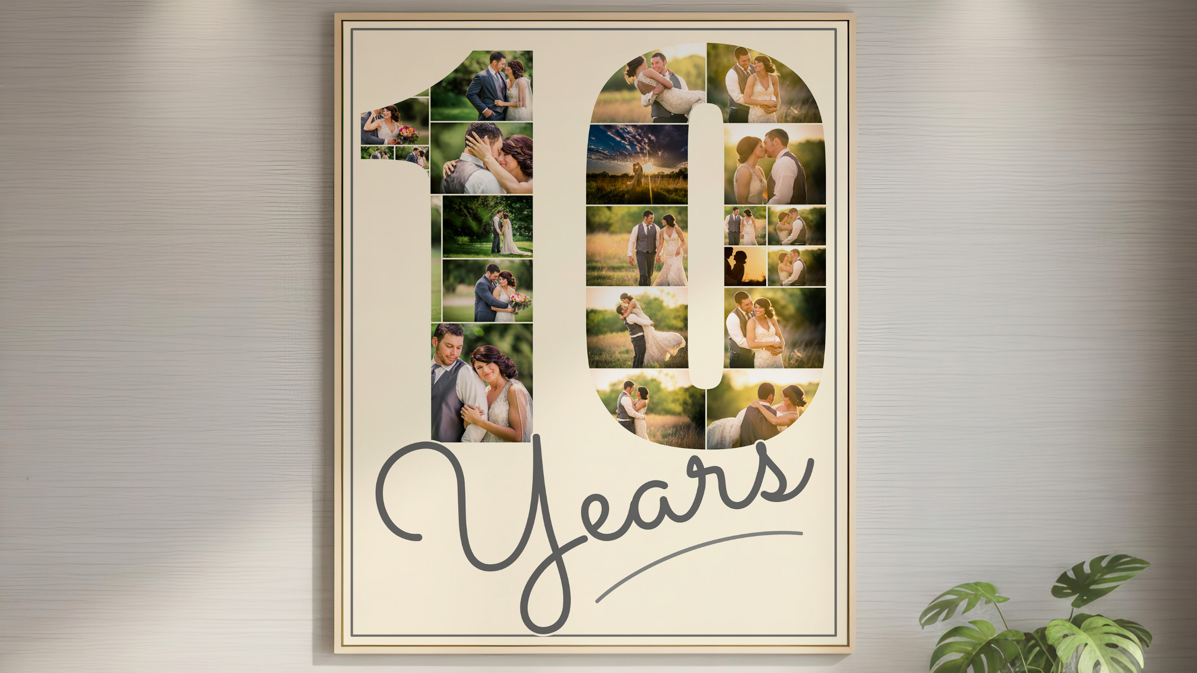 A poster of a collage made of wedding photos in the shape of a 10.
