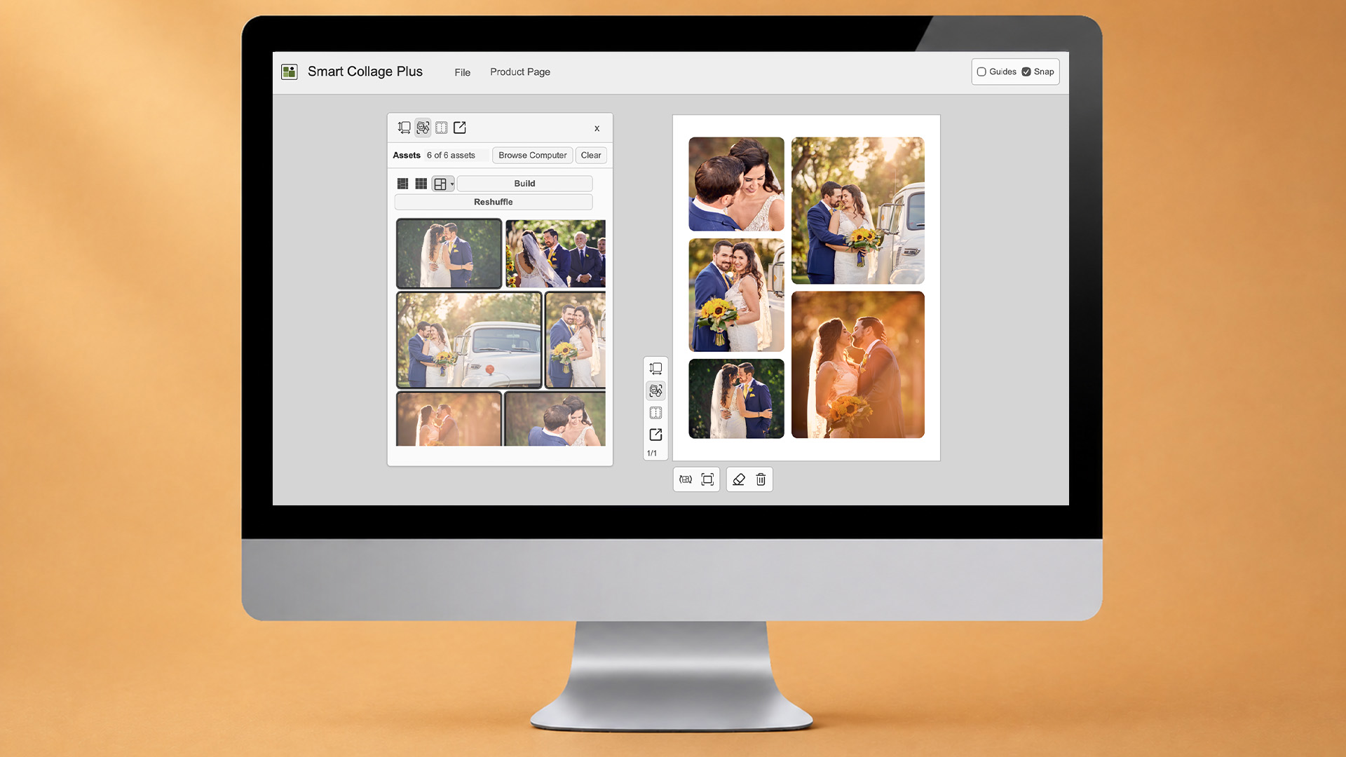 A wedding photo layout on a desktop computer. It is being edited by Smart Collage Plus