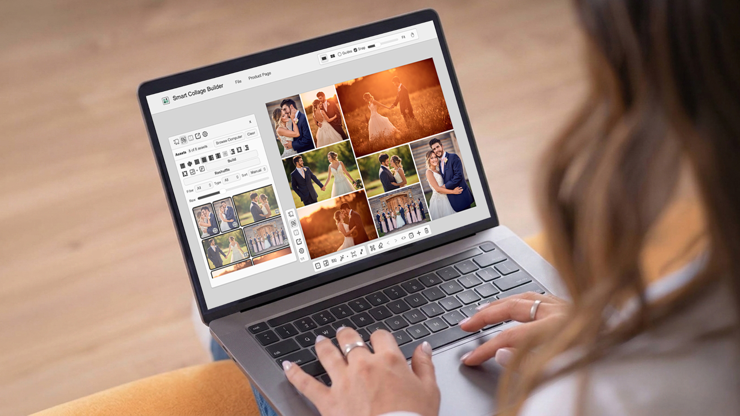 A woman working on a laptop. She is using Smart Collage Builder to make a collage of wedding photos.