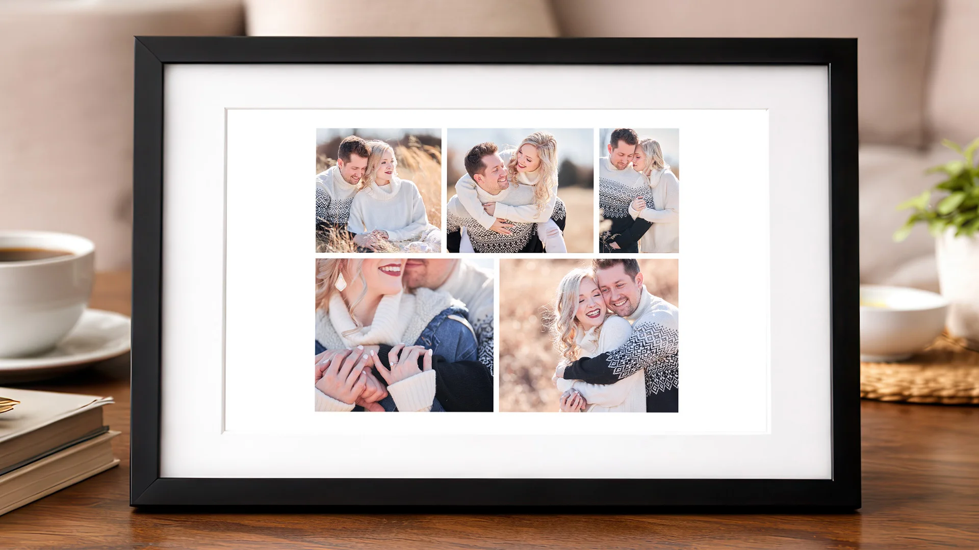 Framed engagement photo collage displayed on a desk.